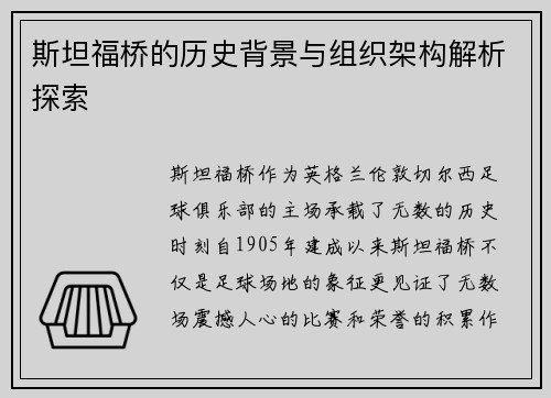 斯坦福桥的历史背景与组织架构解析探索