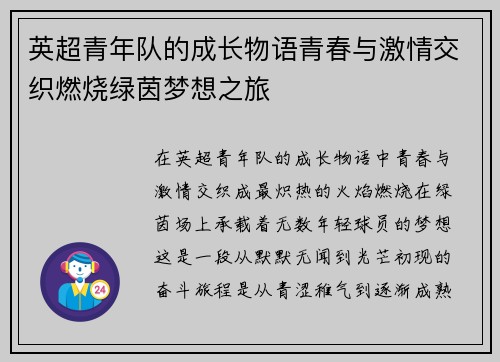 英超青年队的成长物语青春与激情交织燃烧绿茵梦想之旅