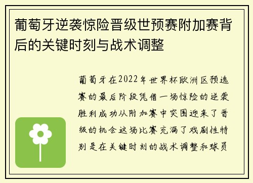 葡萄牙逆袭惊险晋级世预赛附加赛背后的关键时刻与战术调整